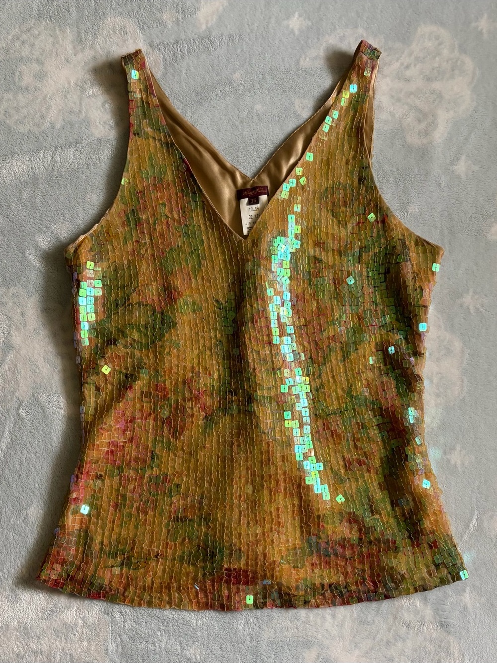 Vintage sleeveless Sequin V-Neck Camisole - Gold Floral